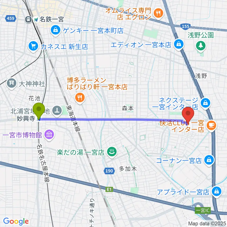 アイプラザ一宮の最寄駅妙興寺駅からの徒歩ルート（約41分）地図