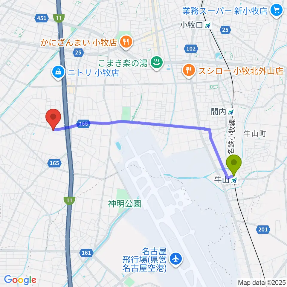 牛山駅から小牧市北里市民センターへのルートマップ地図