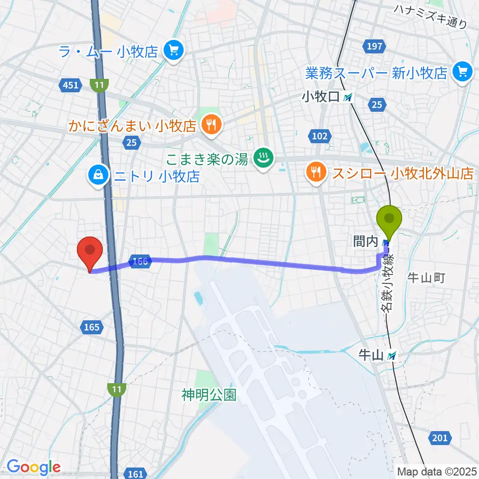 小牧市北里市民センターの最寄駅間内駅からの徒歩ルート（約39分）地図