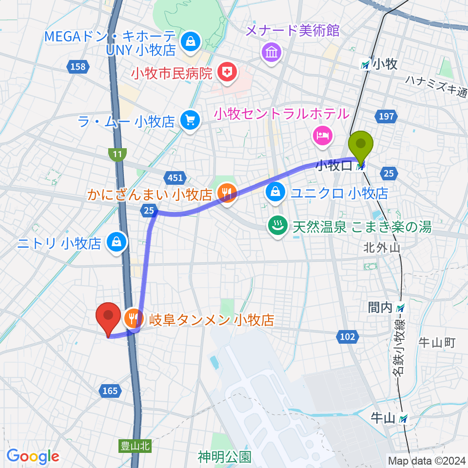 小牧口駅から小牧市北里市民センターへのルートマップ地図