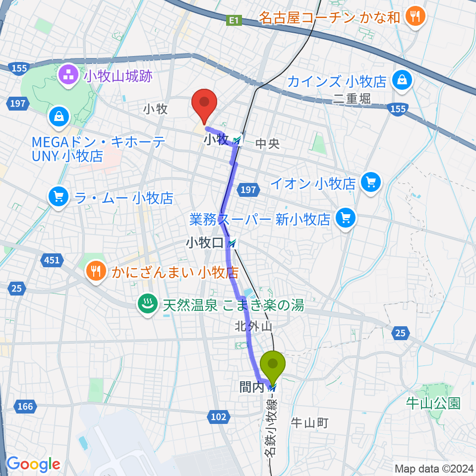 間内駅から小牧市まなび創造館へのルートマップ地図