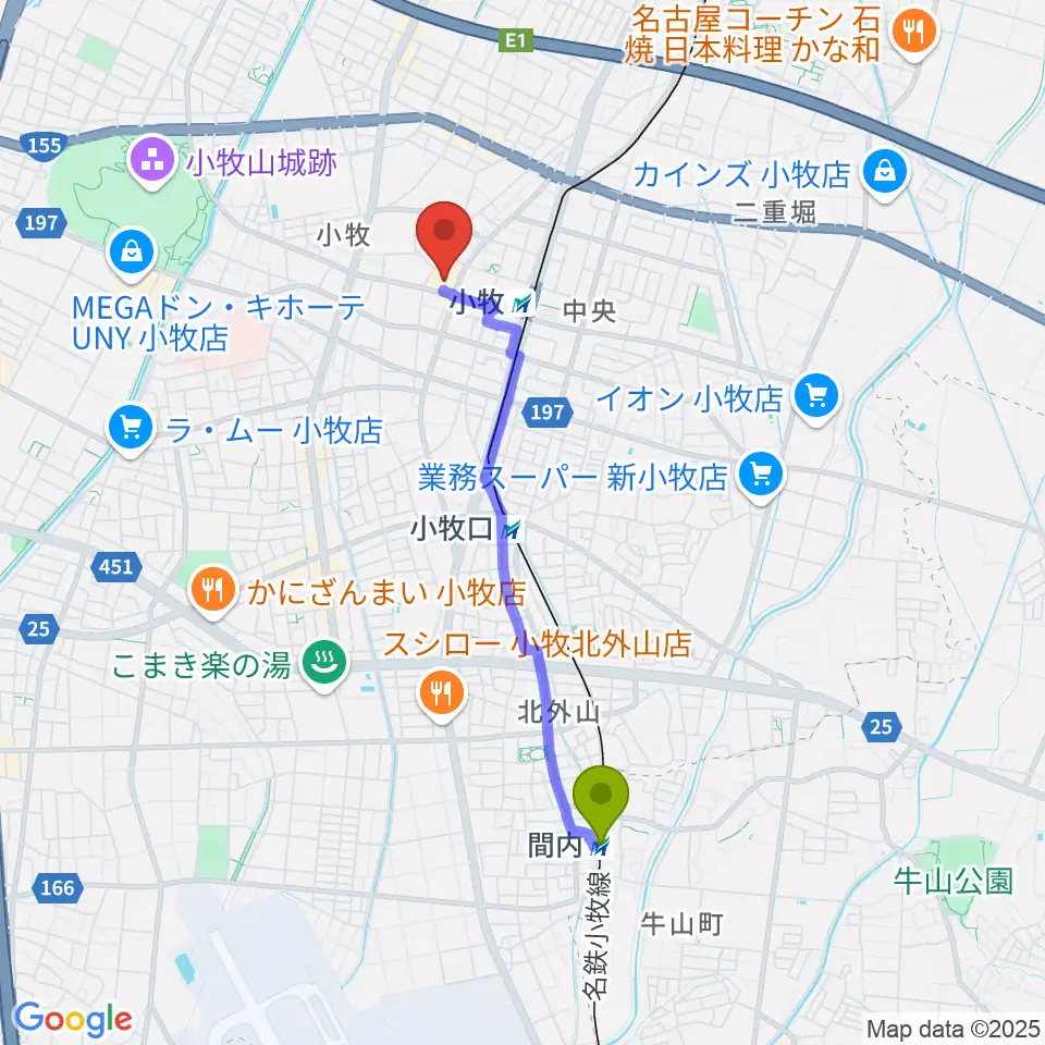間内駅から小牧市まなび創造館へのルートマップ地図