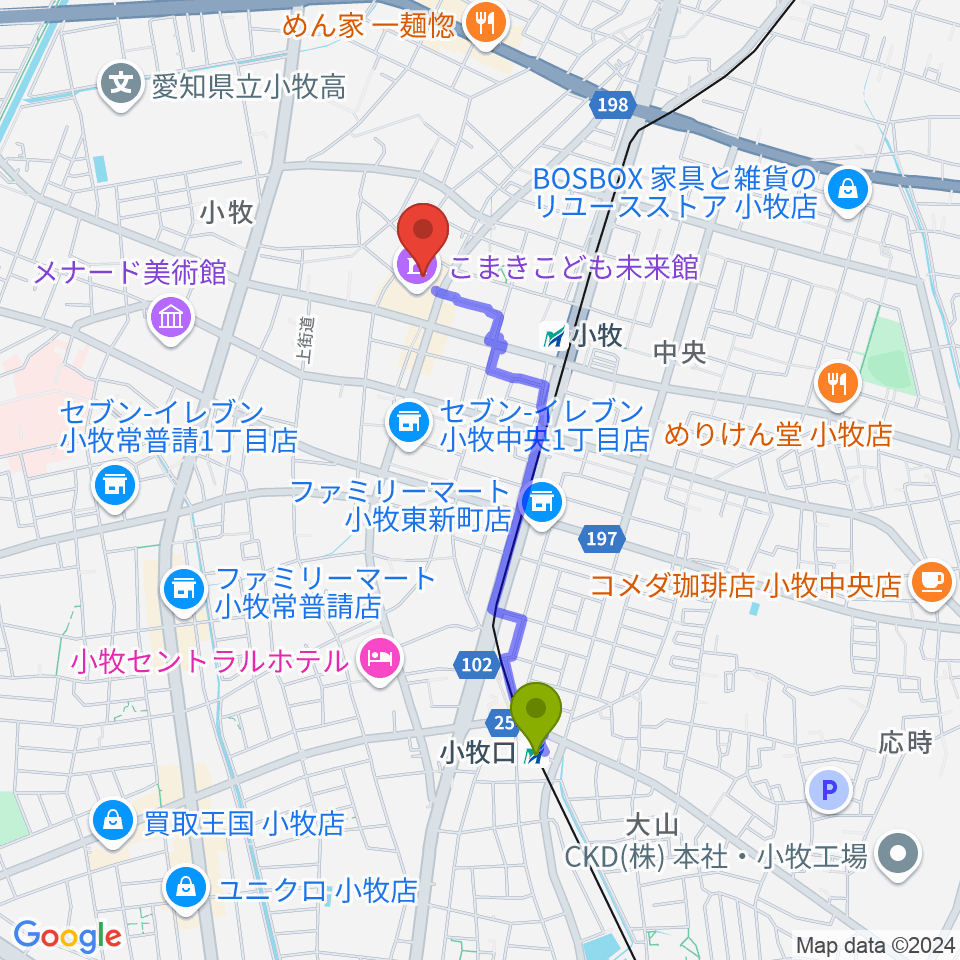 小牧市まなび創造館の最寄駅小牧口駅からの徒歩ルート（約16分）地図