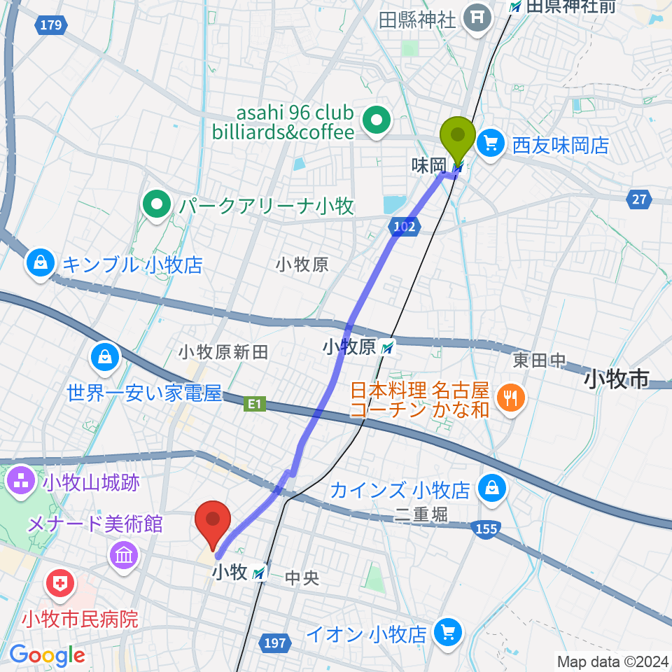 味岡駅から小牧市まなび創造館へのルートマップ地図