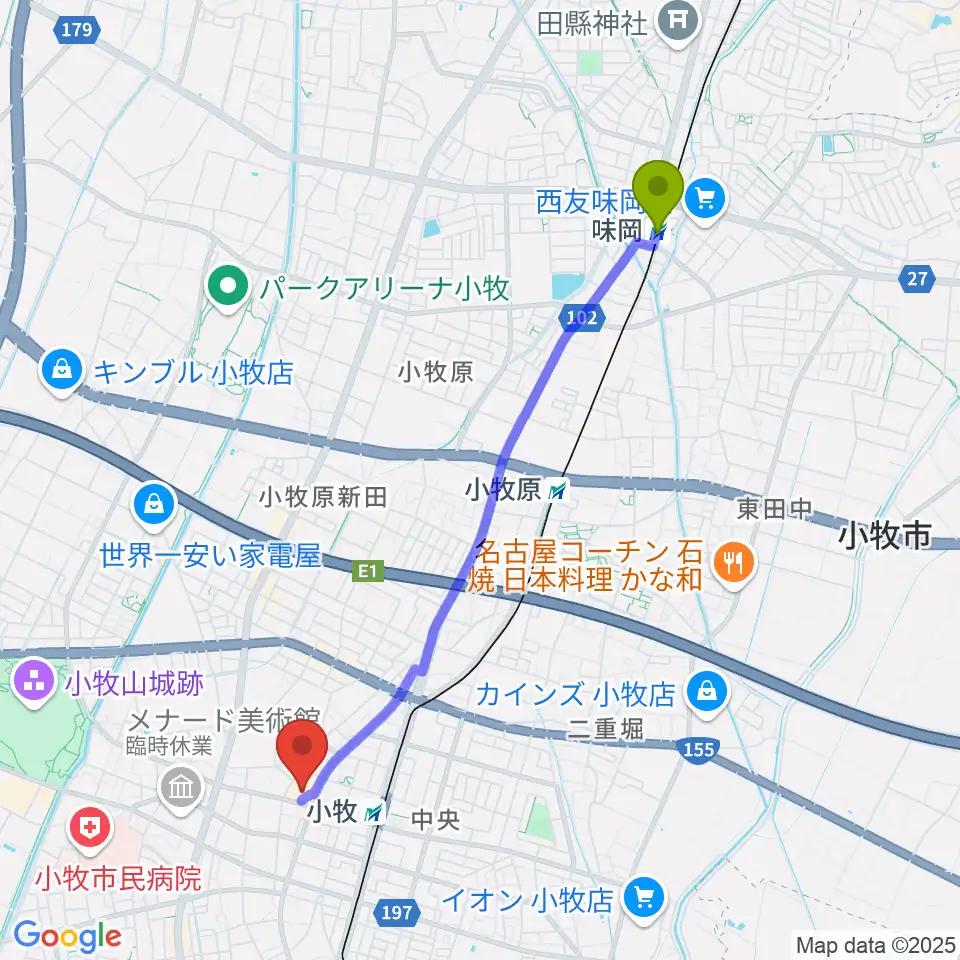 味岡駅から小牧市まなび創造館へのルートマップ地図