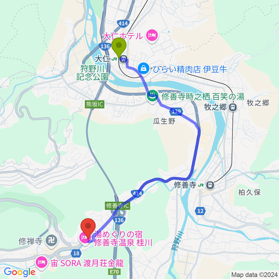 大仁駅から修善寺総合会館へのルートマップ地図