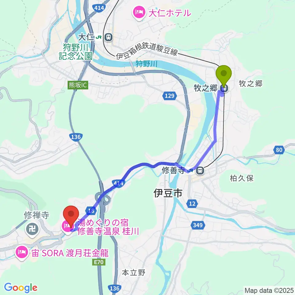 牧之郷駅から修善寺総合会館へのルートマップ地図