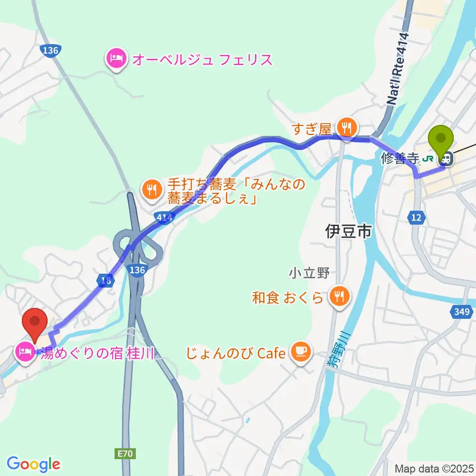 修善寺総合会館の最寄駅修善寺駅からの徒歩ルート（約29分）地図