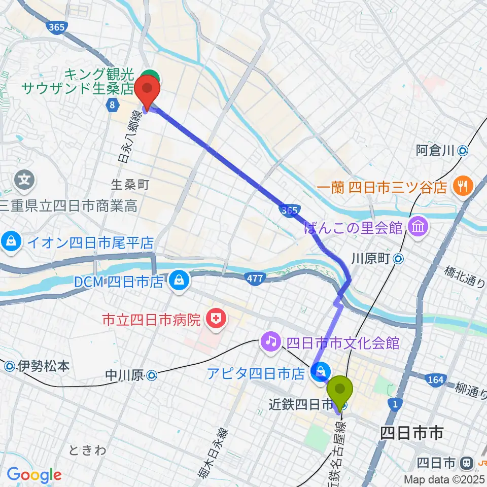 近鉄四日市駅からおふろcafé 湯守座へのルートマップ地図