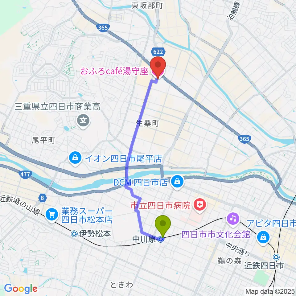 おふろcafé 湯守座の最寄駅中川原駅からの徒歩ルート（約34分）地図