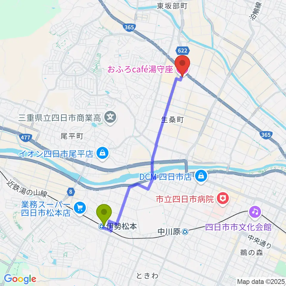 伊勢松本駅からおふろcafé 湯守座へのルートマップ地図