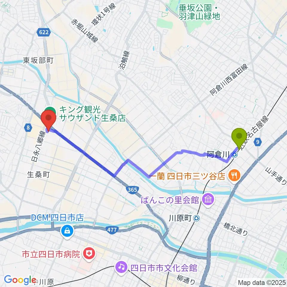阿倉川駅からおふろcafé 湯守座へのルートマップ地図