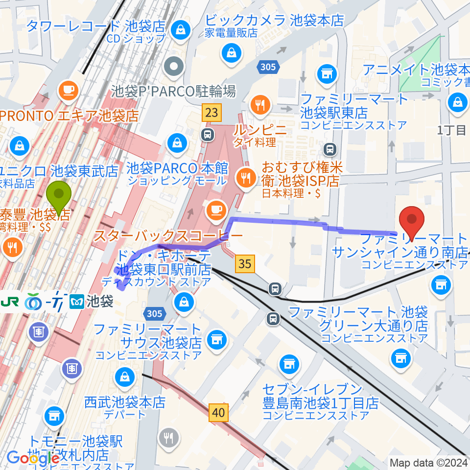 ミクサライブ東京の最寄駅池袋駅からの徒歩ルート（約6分）地図