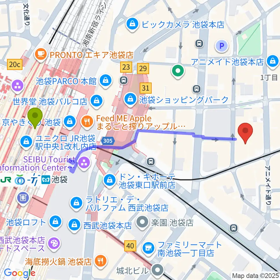 ミクサライブ東京の最寄駅池袋駅からの徒歩ルート（約6分）地図