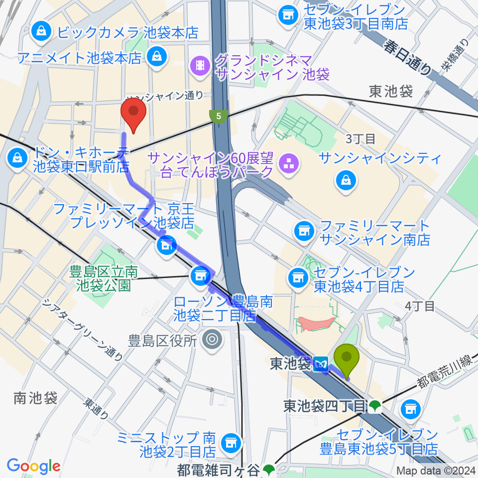 東池袋駅からミクサライブ東京へのルートマップ地図