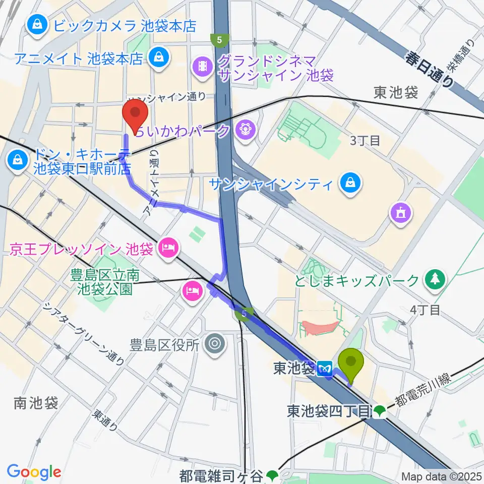 東池袋駅からミクサライブ東京へのルートマップ地図
