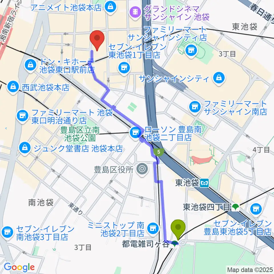 都電雑司ヶ谷駅からミクサライブ東京へのルートマップ地図