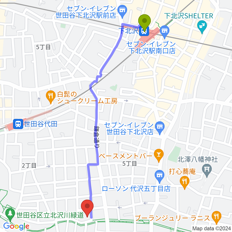 下北沢駅からナサンドラパレススタジオへのルートマップ地図