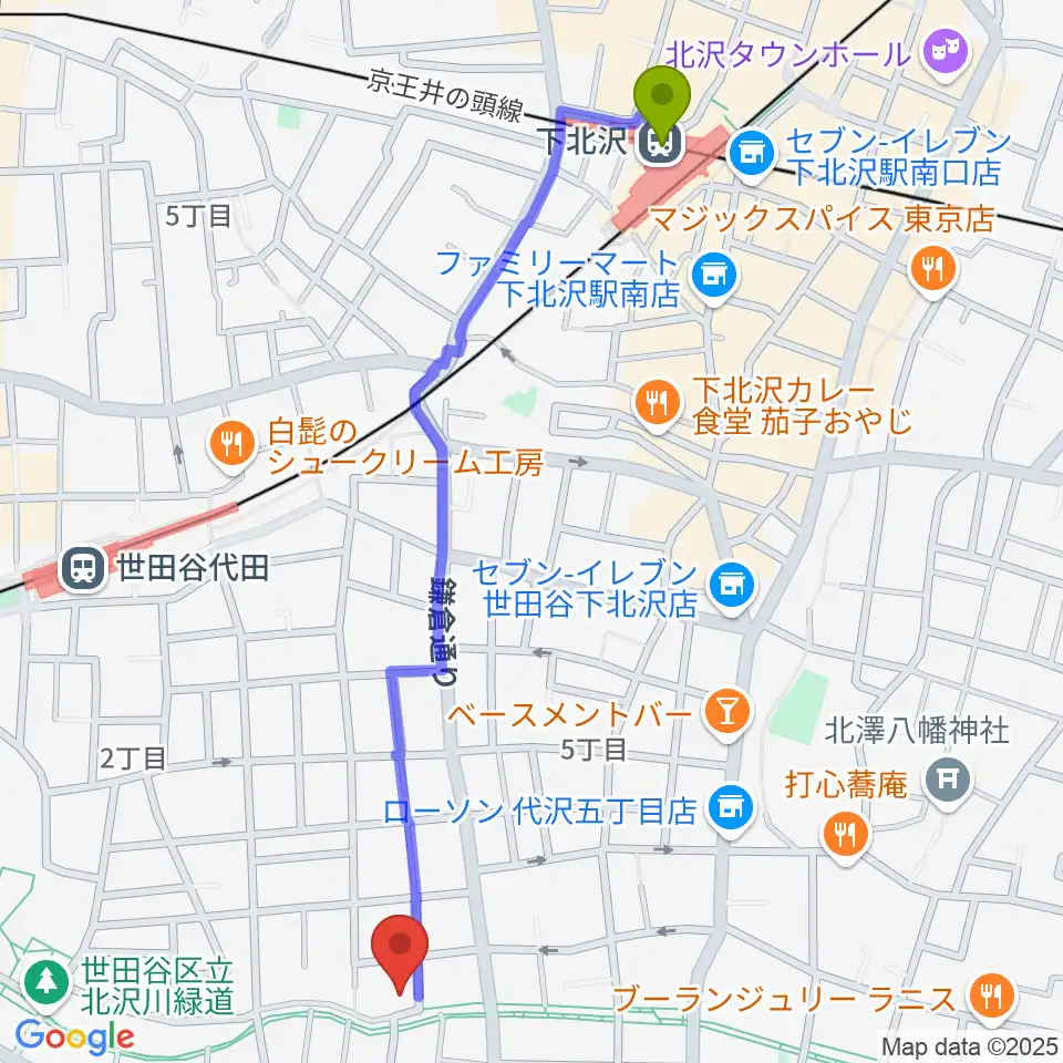 下北沢駅からナサンドラパレススタジオへのルートマップ地図