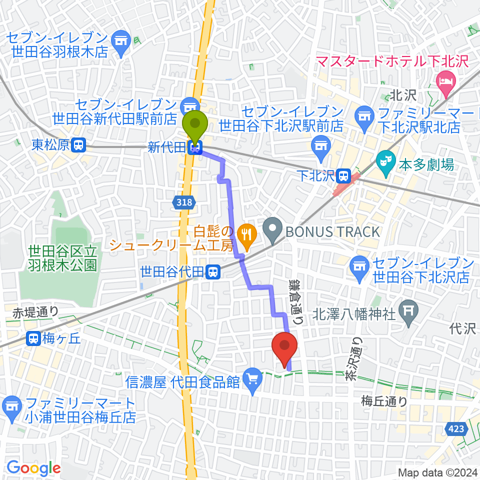 新代田駅からナサンドラパレススタジオへのルートマップ地図