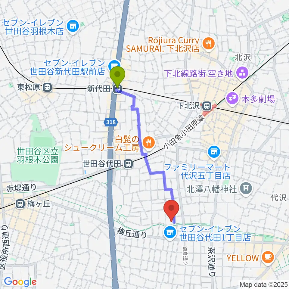 新代田駅からナサンドラパレススタジオへのルートマップ地図