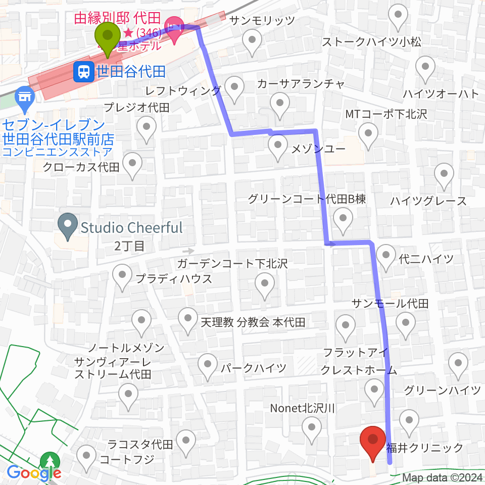 ナサンドラパレススタジオの最寄駅世田谷代田駅からの徒歩ルート（約8分）地図