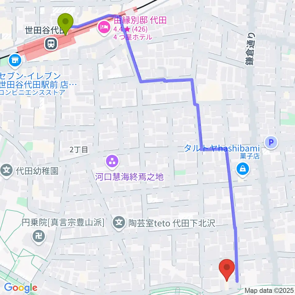 ナサンドラパレススタジオの最寄駅世田谷代田駅からの徒歩ルート（約8分）地図