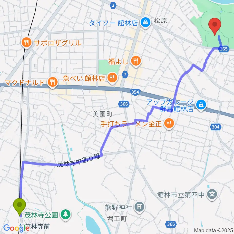 茂林寺前駅からダノン城沼アリーナへのルートマップ地図