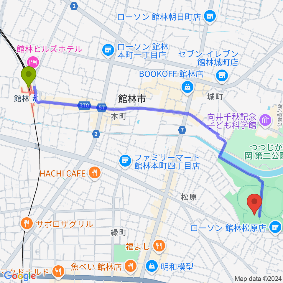 ダノン城沼アリーナの最寄駅館林駅からの徒歩ルート（約28分）地図