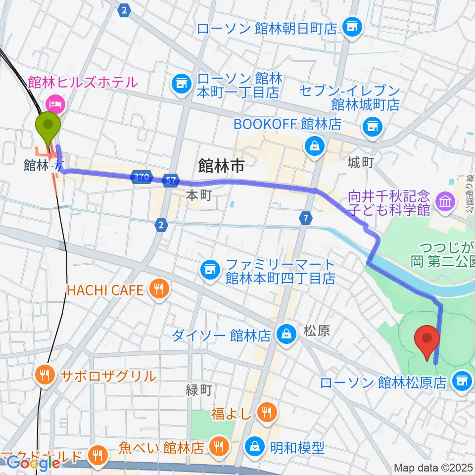 ダノン城沼アリーナの最寄駅館林駅からの徒歩ルート（約28分）地図