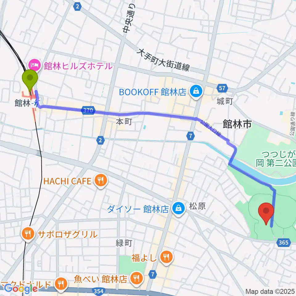 ダノン城沼アリーナの最寄駅館林駅からの徒歩ルート（約28分）地図