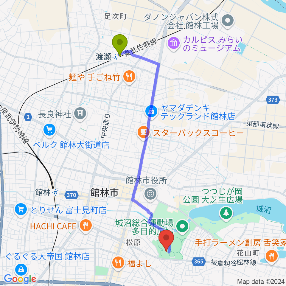 渡瀬駅からダノン城沼アリーナへのルートマップ地図