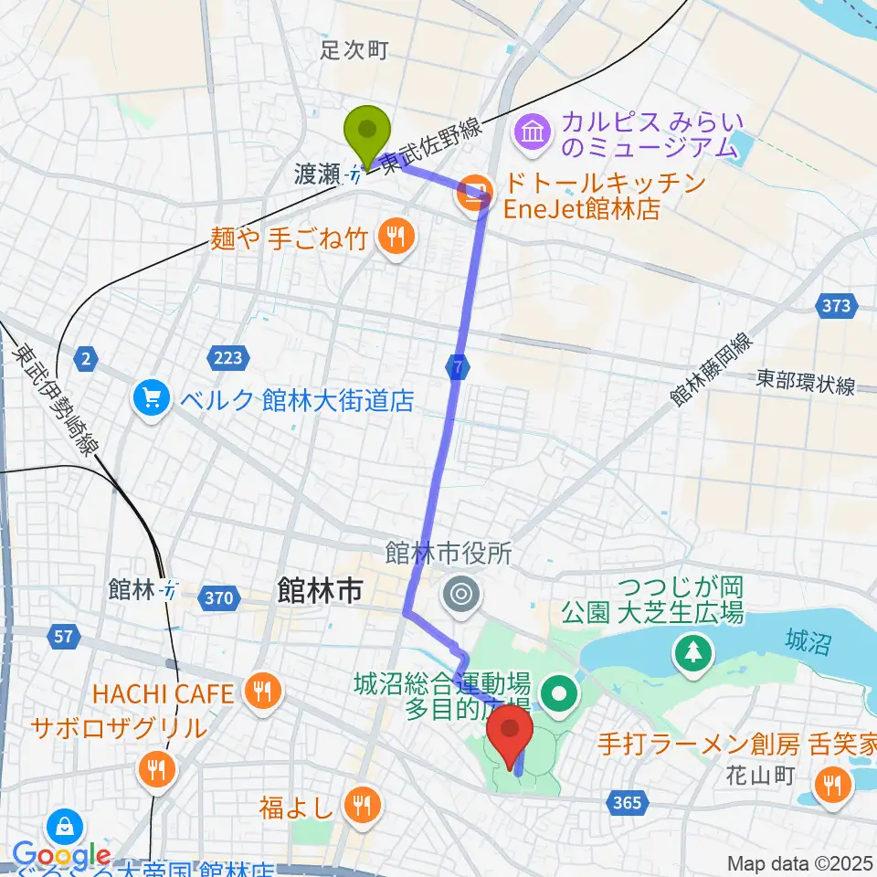 渡瀬駅からダノン城沼アリーナへのルートマップ地図