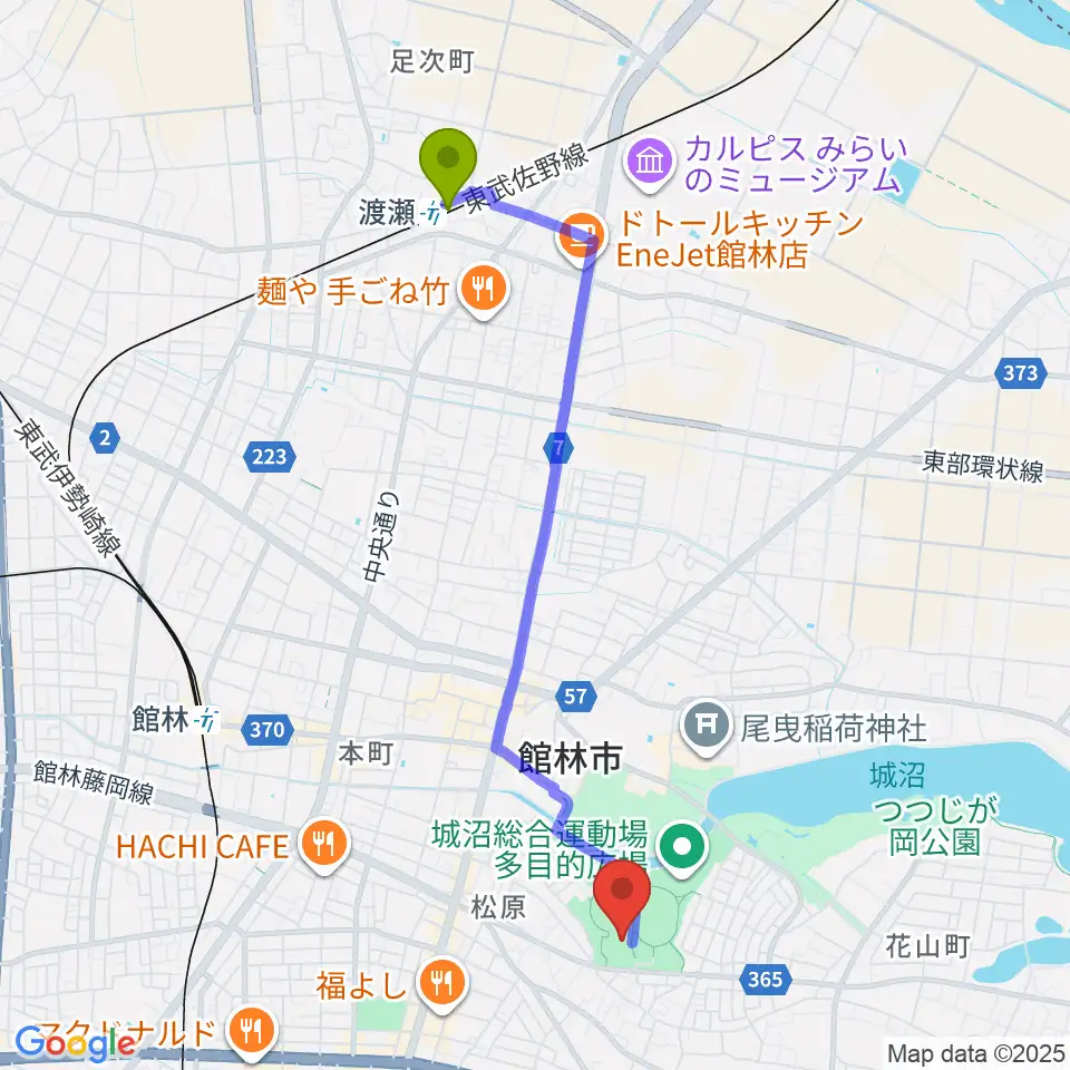 渡瀬駅からダノン城沼アリーナへのルートマップ地図