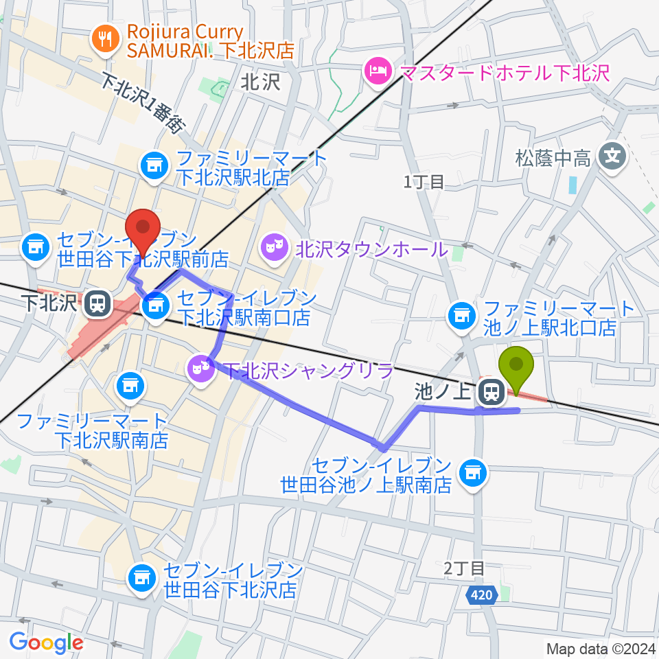 池ノ上駅から下北沢Flowers Loftへのルートマップ地図