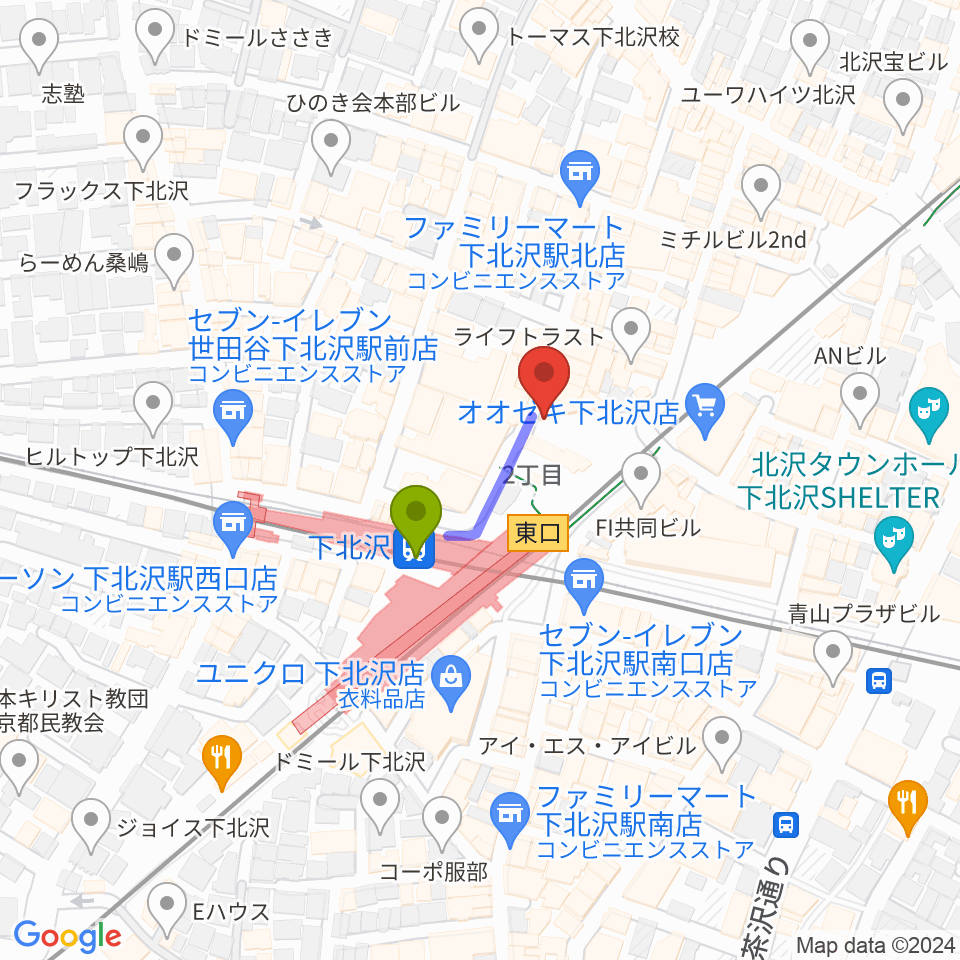 下北沢Flowers Loftの最寄駅下北沢駅からの徒歩ルート（約2分）地図