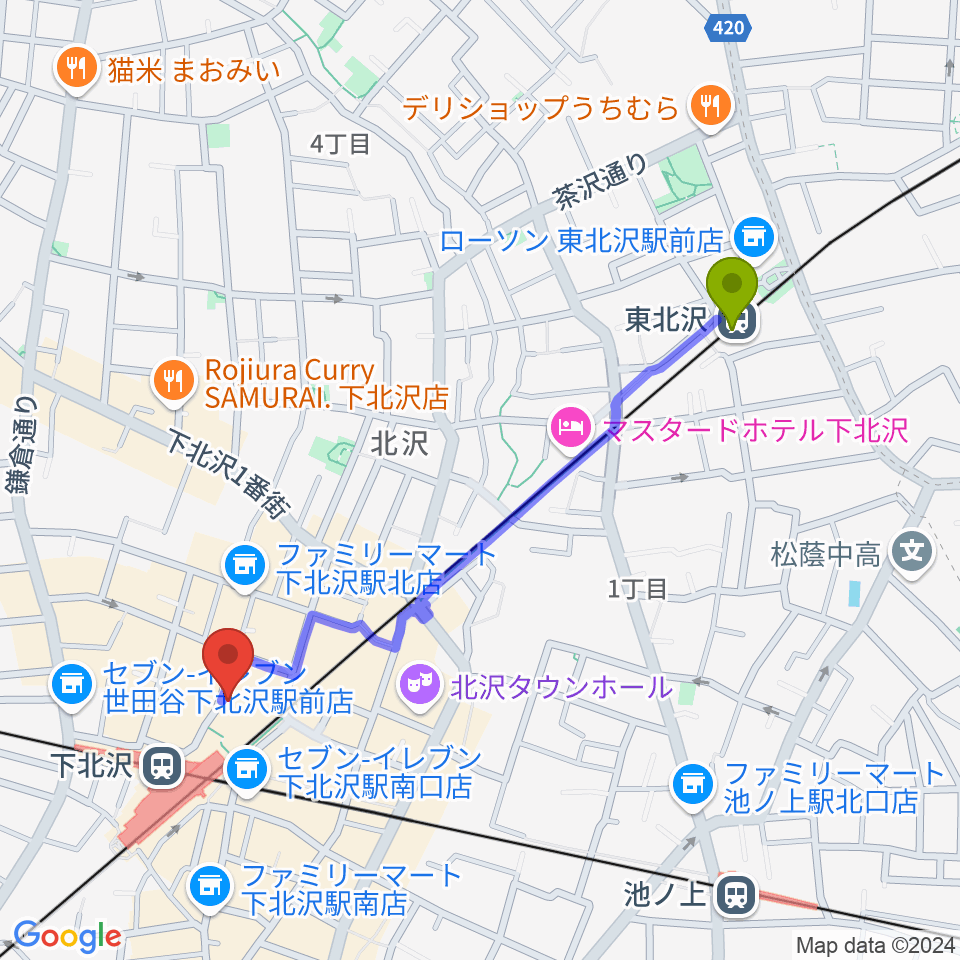 東北沢駅から下北沢Flowers Loftへのルートマップ地図