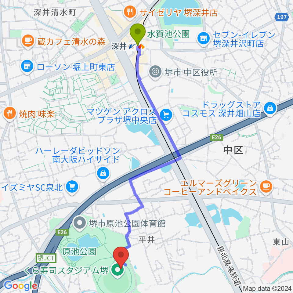 くら寿司スタジアム堺の最寄駅深井駅からの徒歩ルート（約24分）地図