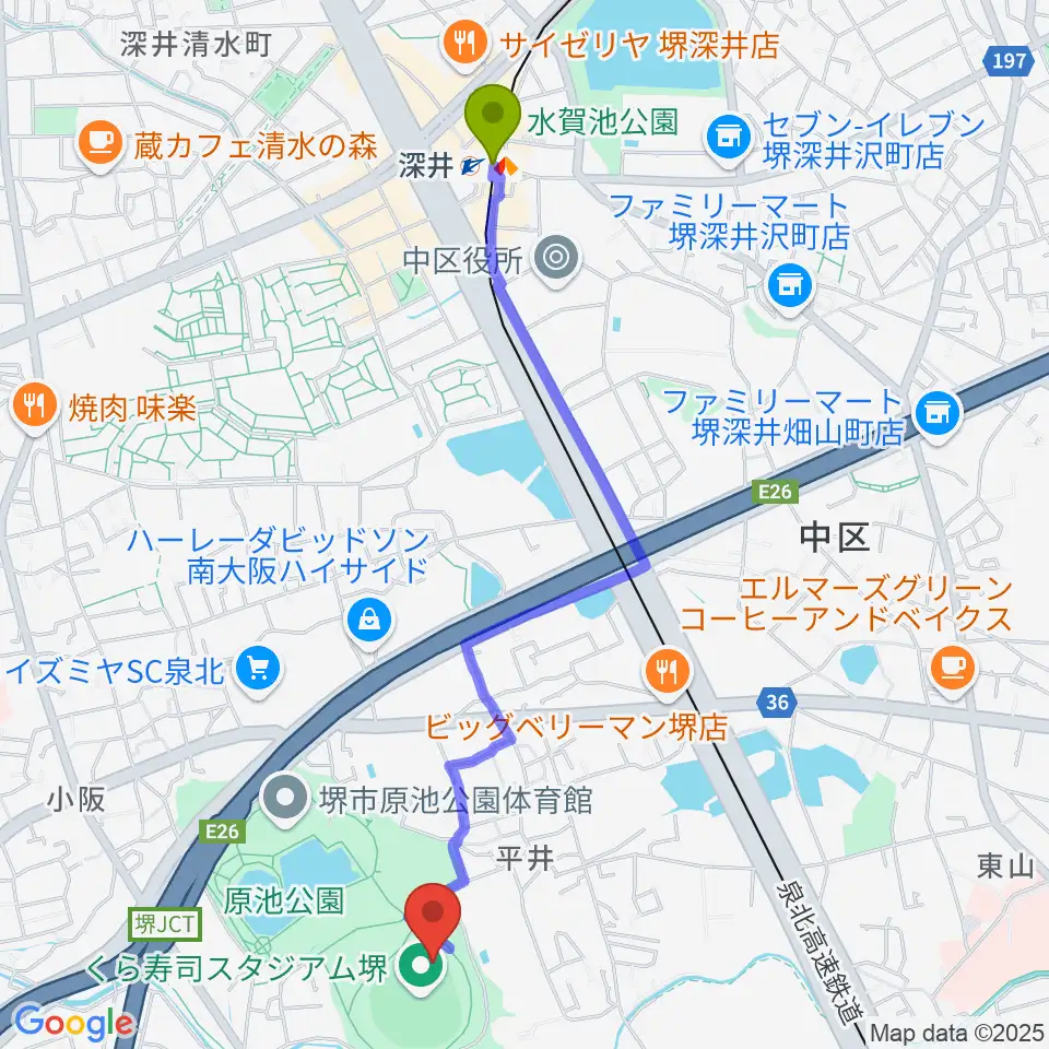 くら寿司スタジアム堺の最寄駅深井駅からの徒歩ルート（約24分）地図