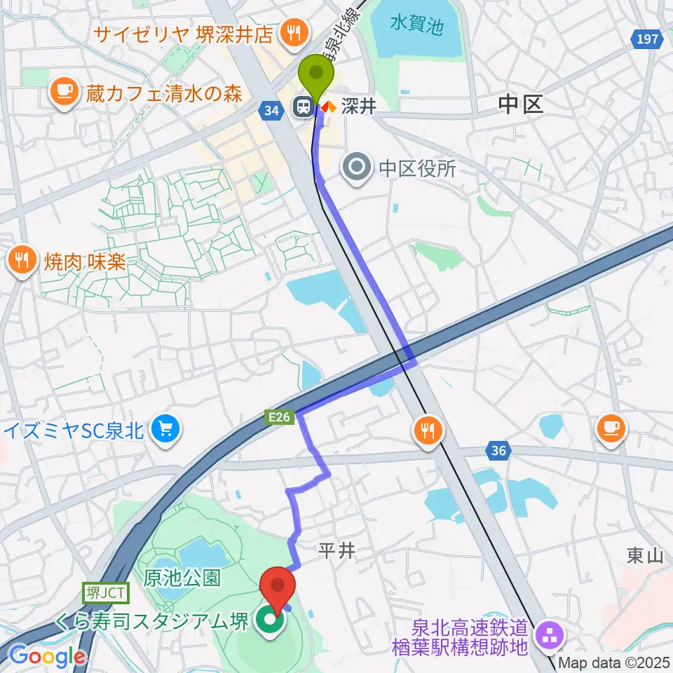 くら寿司スタジアム堺の最寄駅深井駅からの徒歩ルート（約24分）地図