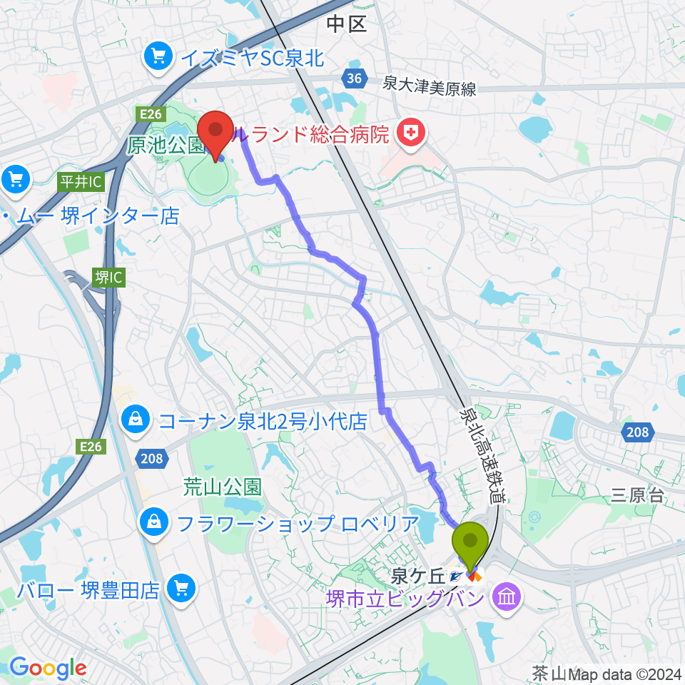 泉ヶ丘駅からくら寿司スタジアム堺へのルートマップ地図