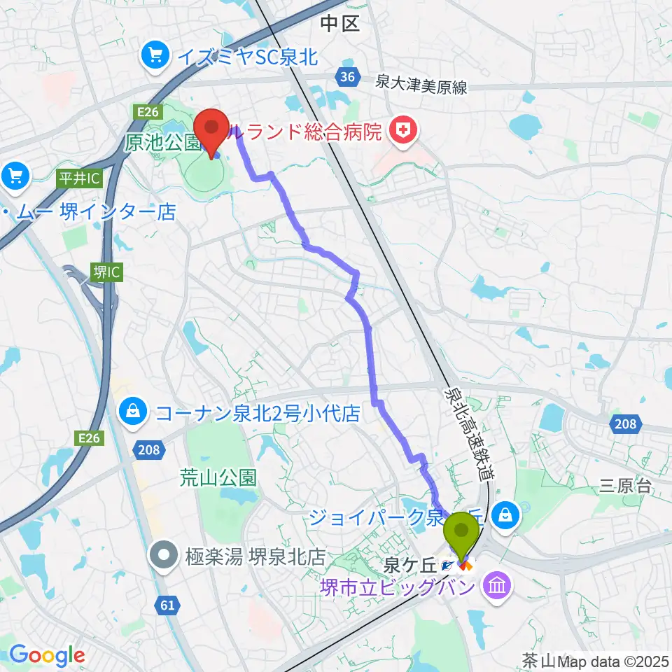 泉ヶ丘駅からくら寿司スタジアム堺へのルートマップ地図