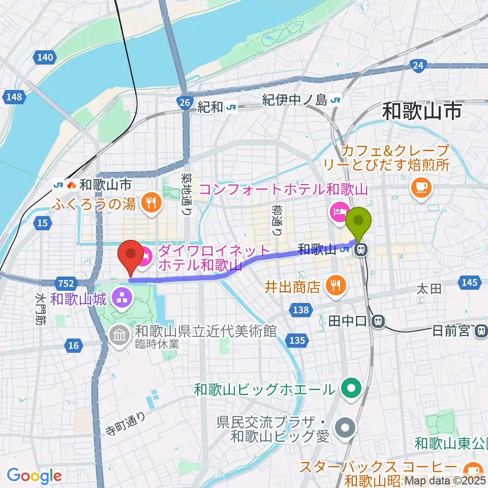 和歌山駅から和歌山城ホールへのルートマップ地図