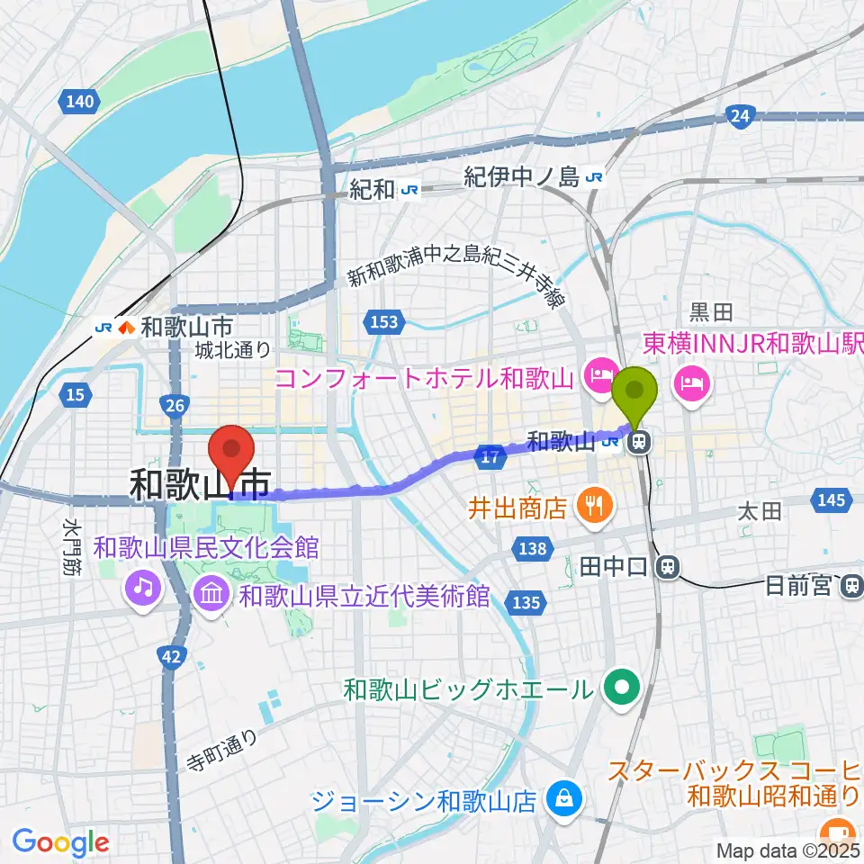 和歌山駅から和歌山城ホールへのルートマップ地図
