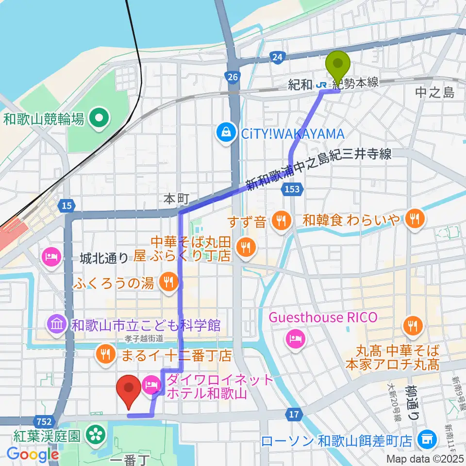 紀和駅から和歌山城ホールへのルートマップ地図