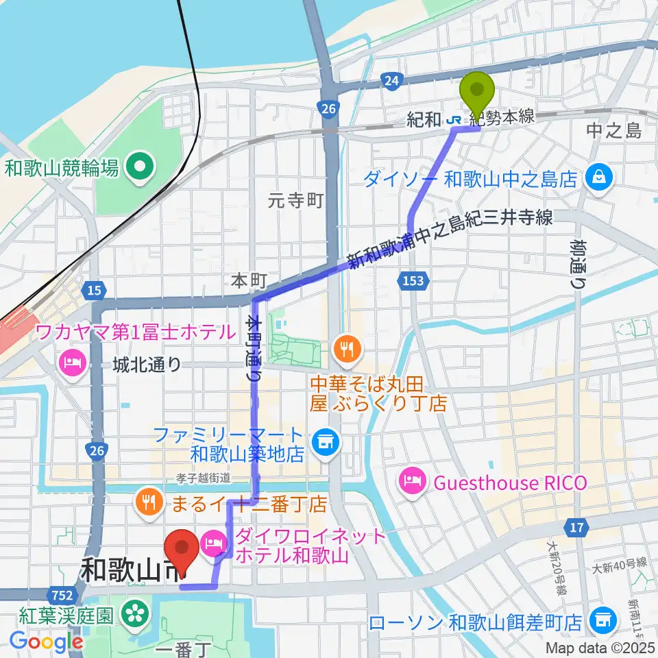 紀和駅から和歌山城ホールへのルートマップ地図