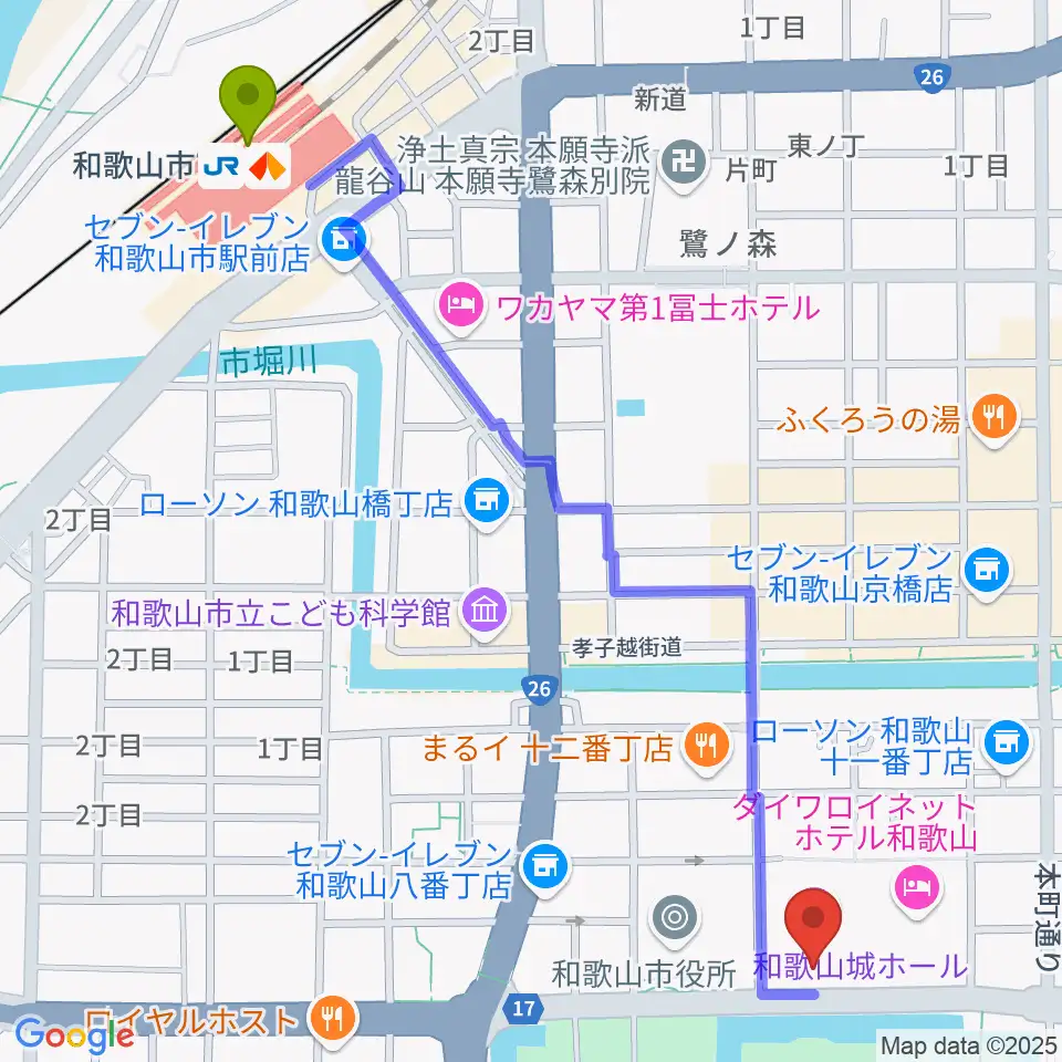 和歌山城ホールの最寄駅和歌山市駅からの徒歩ルート（約15分）地図