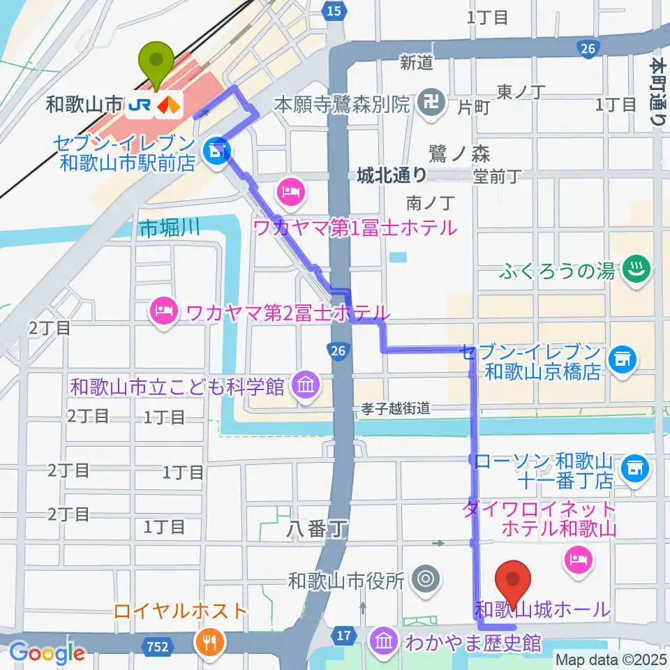 和歌山城ホールの最寄駅和歌山市駅からの徒歩ルート（約15分）地図