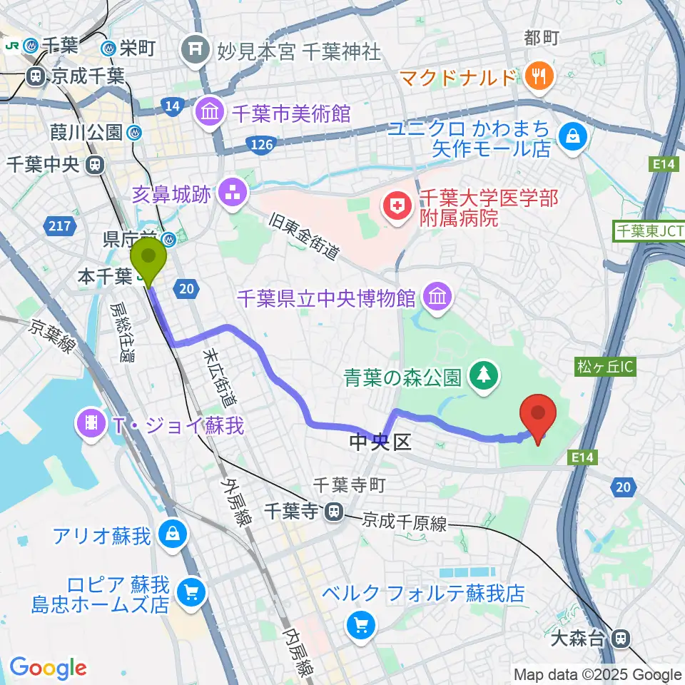 本千葉駅から青葉の森スポーツプラザ野球場へのルートマップ地図