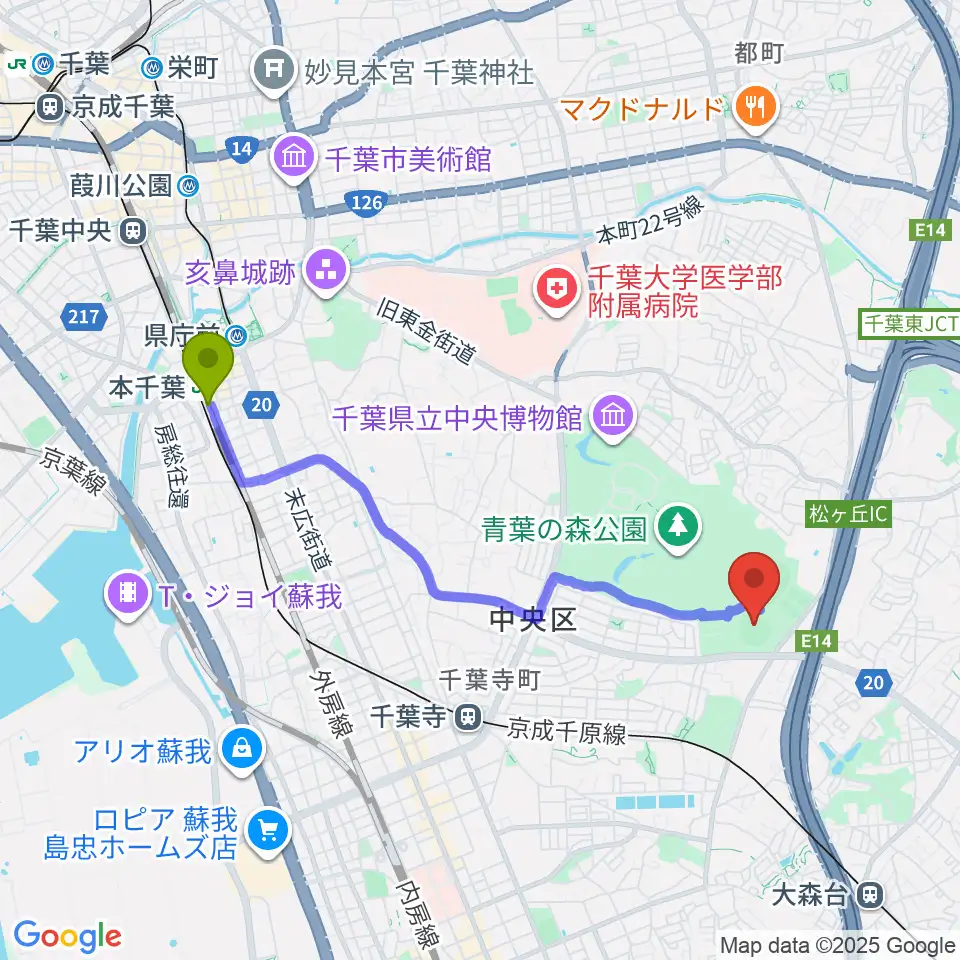 本千葉駅から青葉の森スポーツプラザ野球場へのルートマップ地図